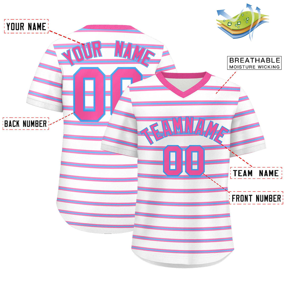Custom White Pink-Powder Blue Personalized Horizontal Stripe Authentic Pullover Baseball Jersey | KXKSHOP