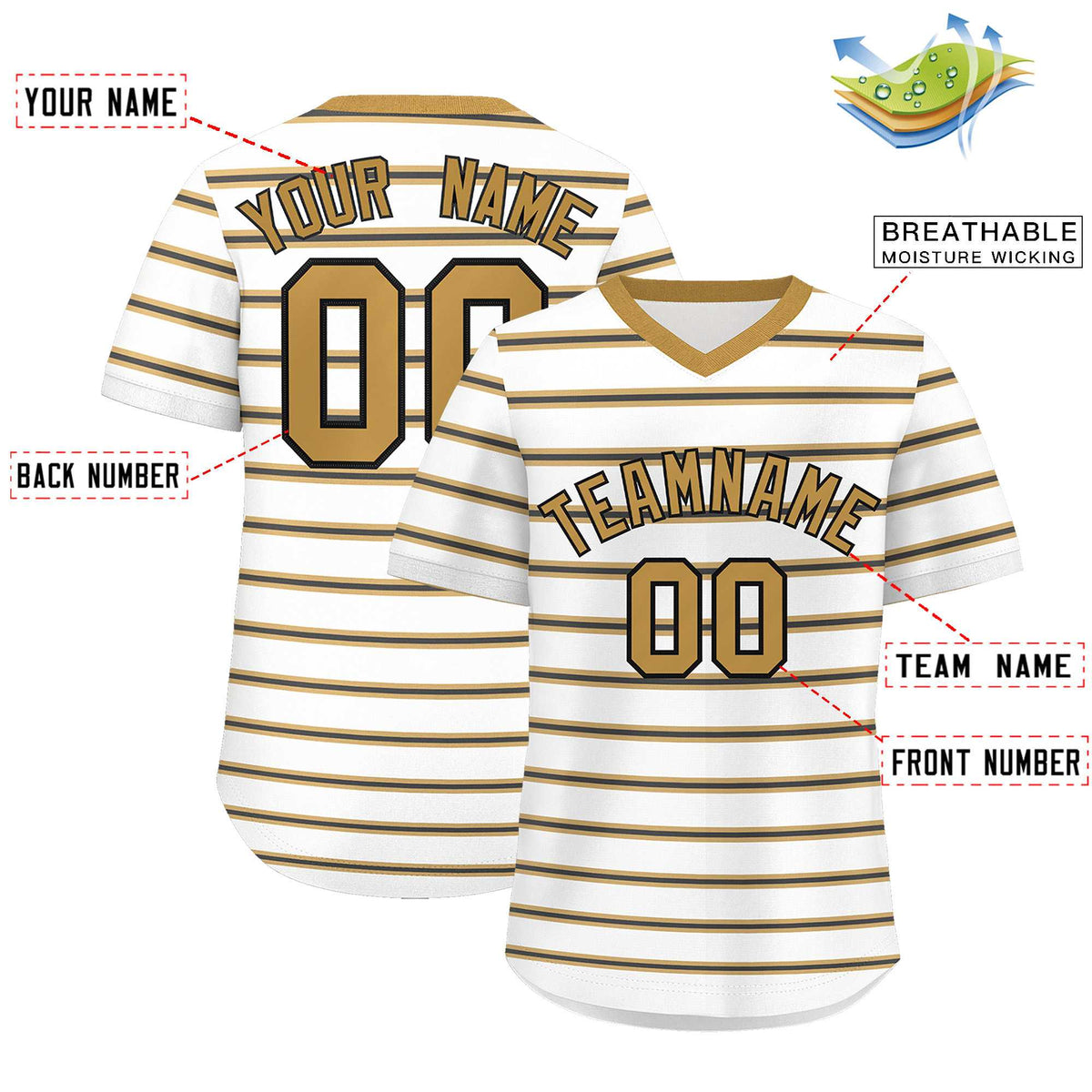 Custom White Old Gold-Black Personalized Horizontal Stripe Authentic Pullover Baseball Jersey | KXKSHOP