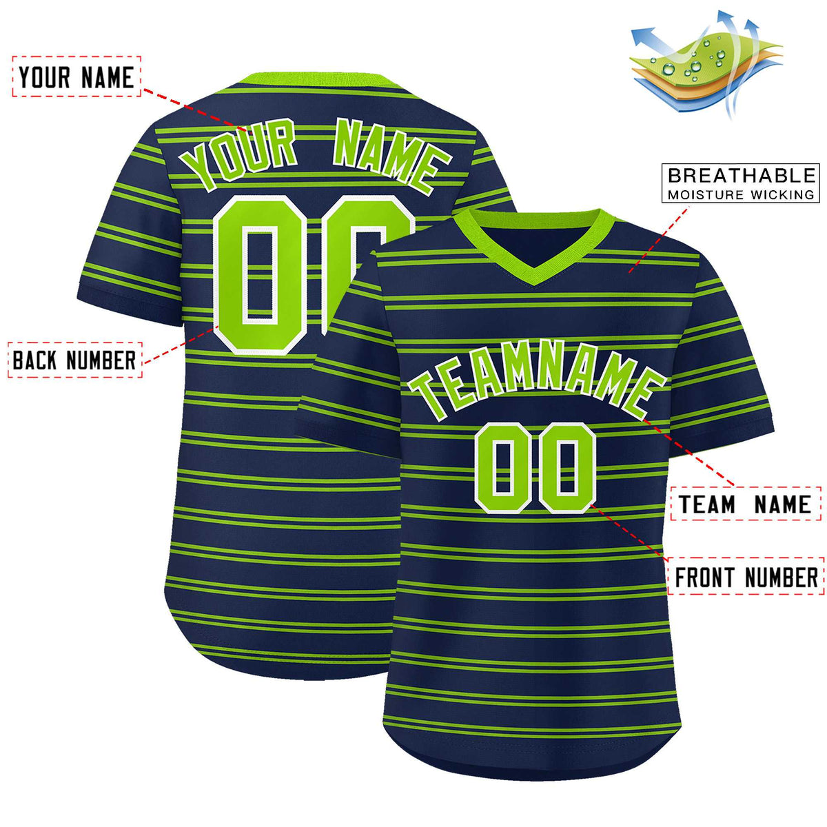 Custom Navy Neon Green Personalized Horizontal Stripe Authentic Pullover Baseball Jersey | KXKSHOP