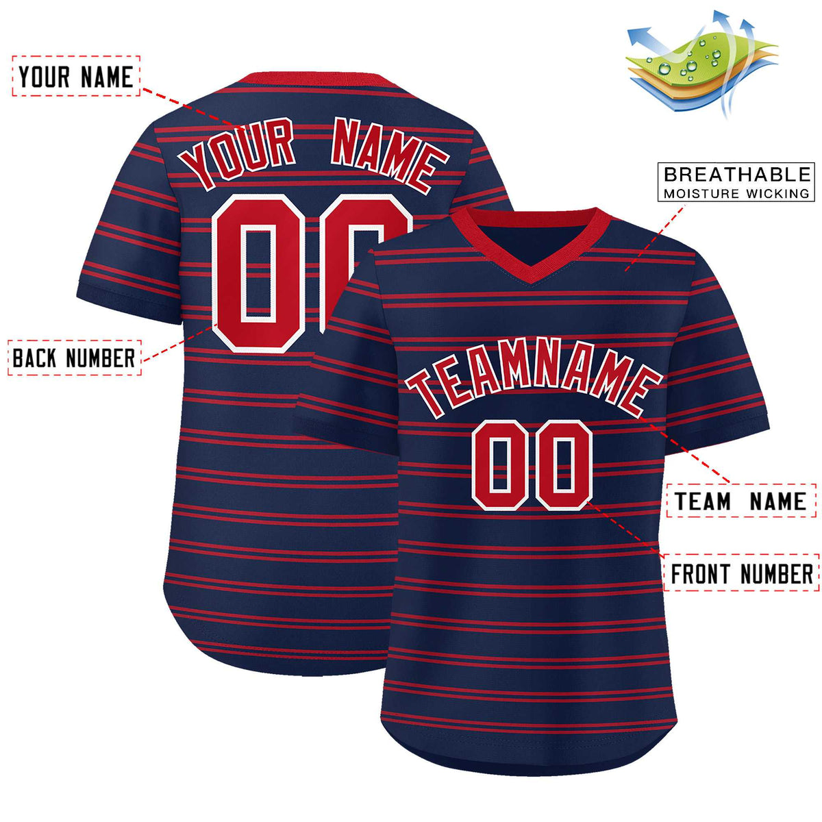 Custom Navy Red Personalized Horizontal Stripe Authentic Pullover Baseball Jersey | KXKSHOP