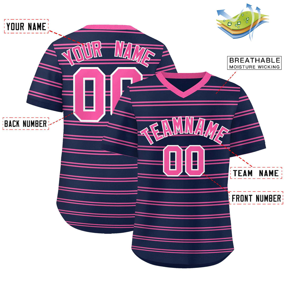 Custom Navy Pink Personalized Horizontal Stripe Authentic Pullover Baseball Jersey | KXKSHOP