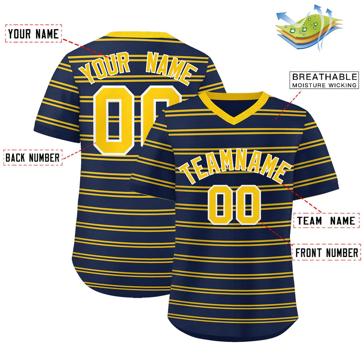 Custom Navy Gold Personalized Horizontal Stripe Authentic Pullover Baseball Jersey | KXKSHOP