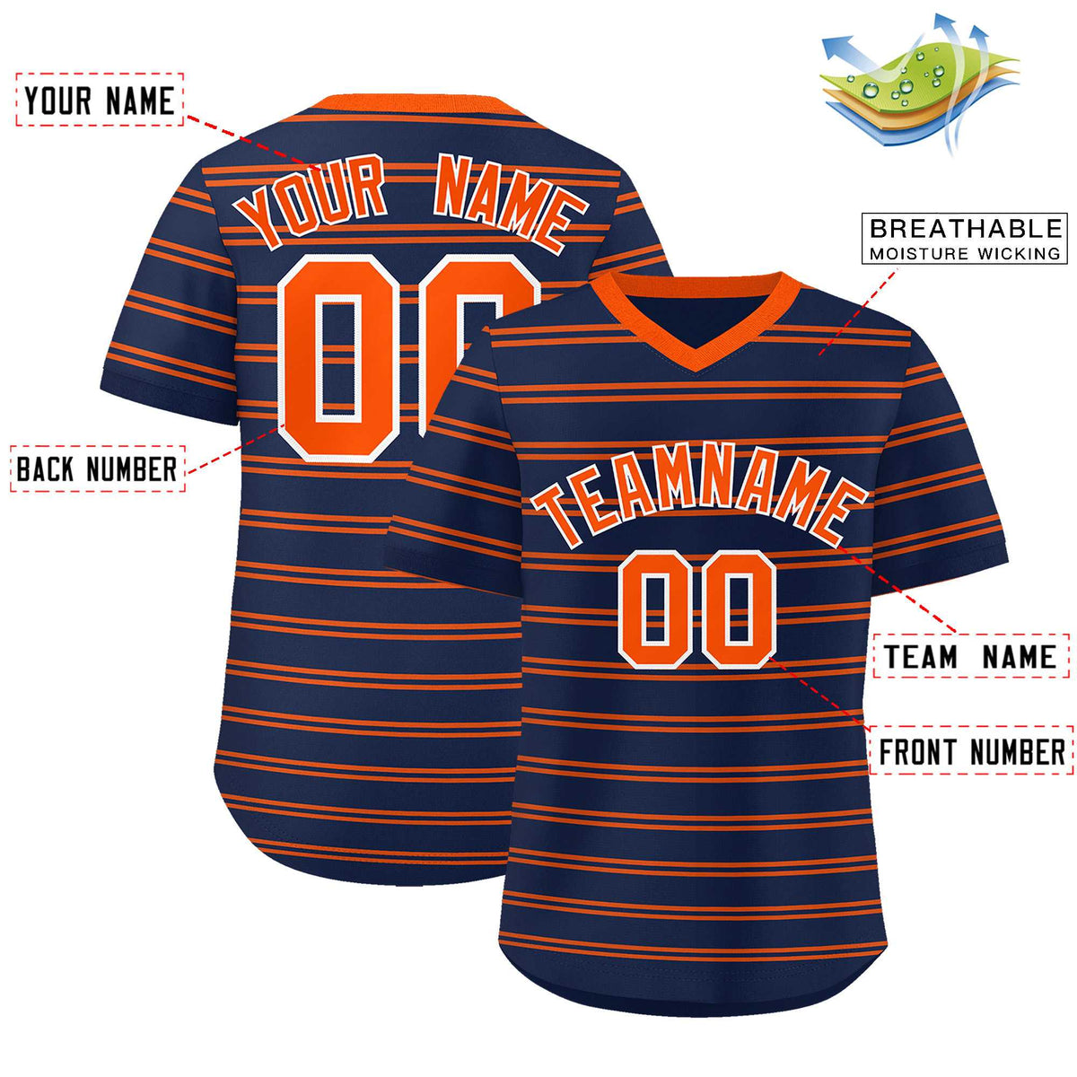 Custom Navy Orange Personalized Horizontal Stripe Authentic Pullover Baseball Jersey | KXKSHOP