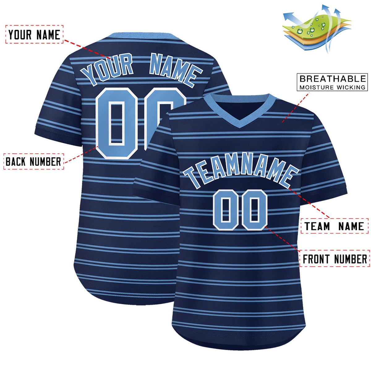 Custom Navy Light Blue Personalized Horizontal Stripe Authentic Pullover Baseball Jersey | KXKSHOP