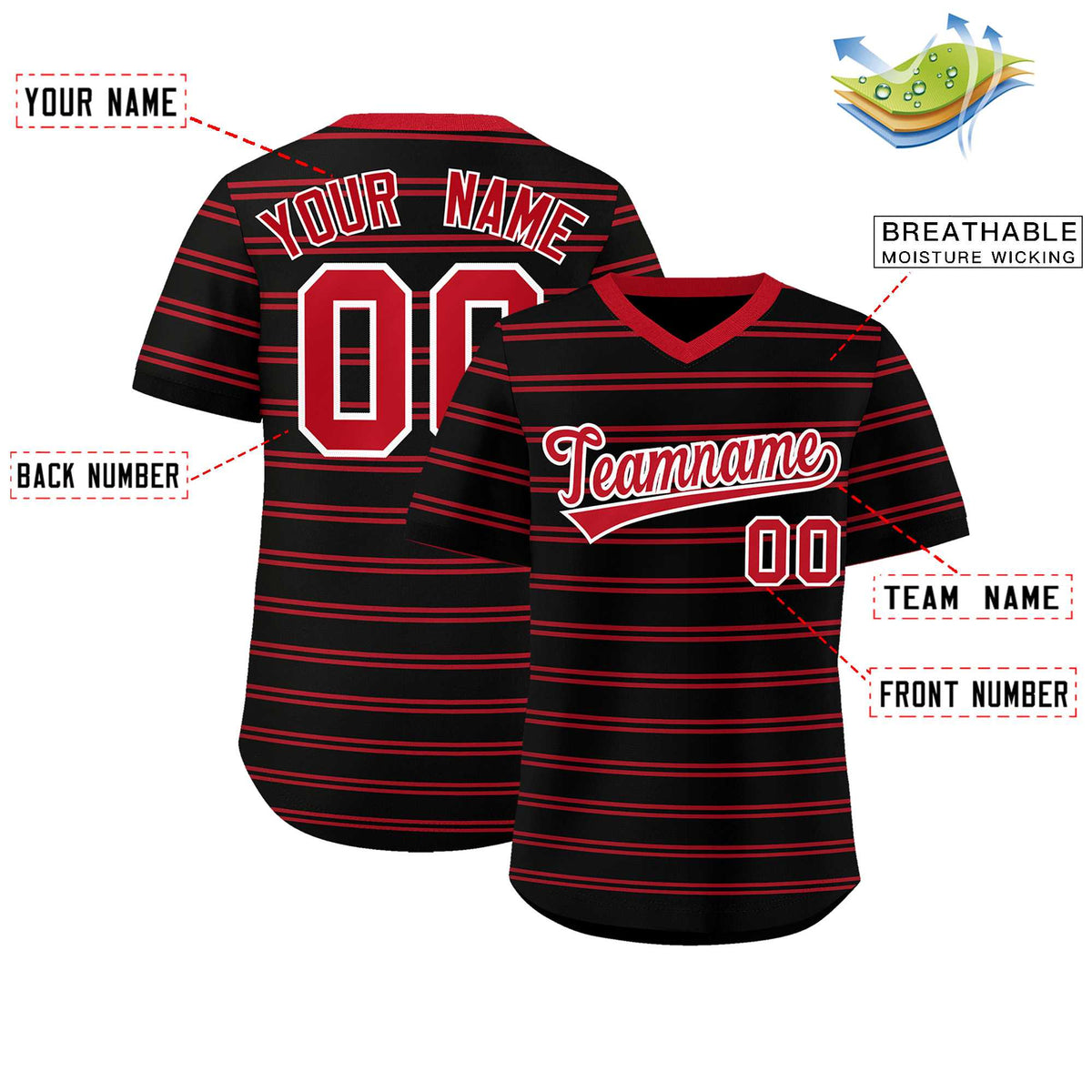 Custom Black Red Personalized Horizontal Stripe Authentic Pullover Baseball Jersey | KXKSHOP