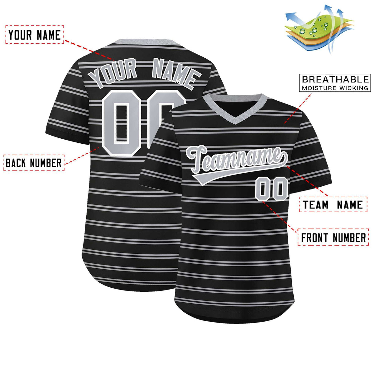 Custom Black Gray Personalized Horizontal Stripe Authentic Pullover Baseball Jersey | KXKSHOP