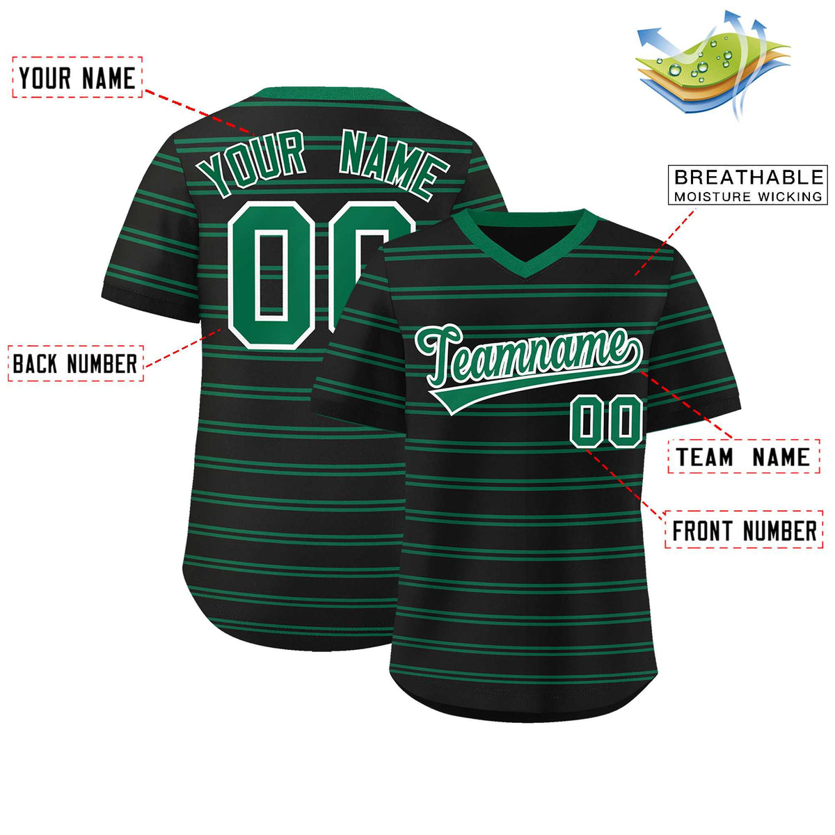 Custom Black Kelly Green Personalized Horizontal Stripe Authentic Pullover Baseball Jersey | KXKSHOP
