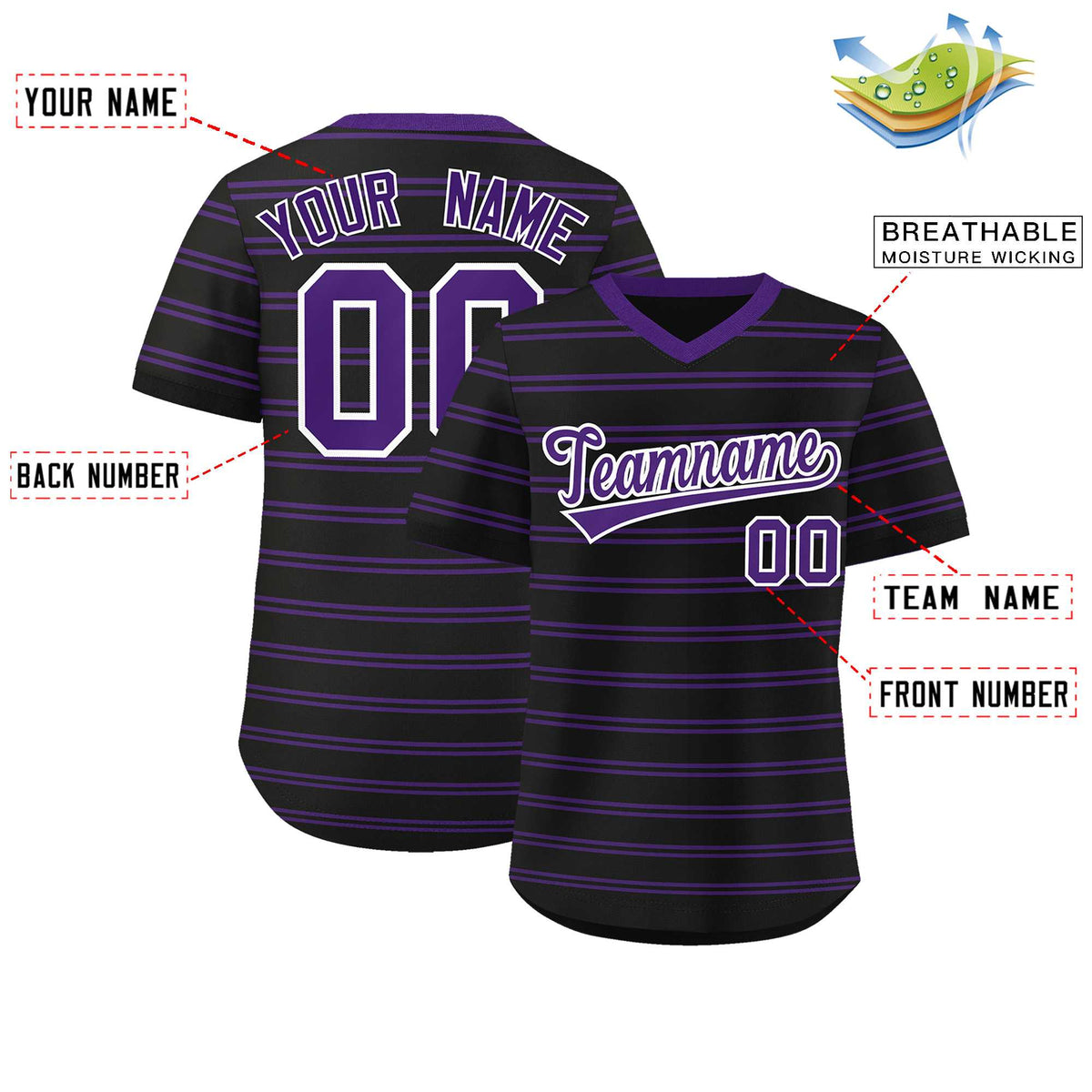 Custom Black Purple Personalized Horizontal Stripe Authentic Pullover Baseball Jersey | KXKSHOP