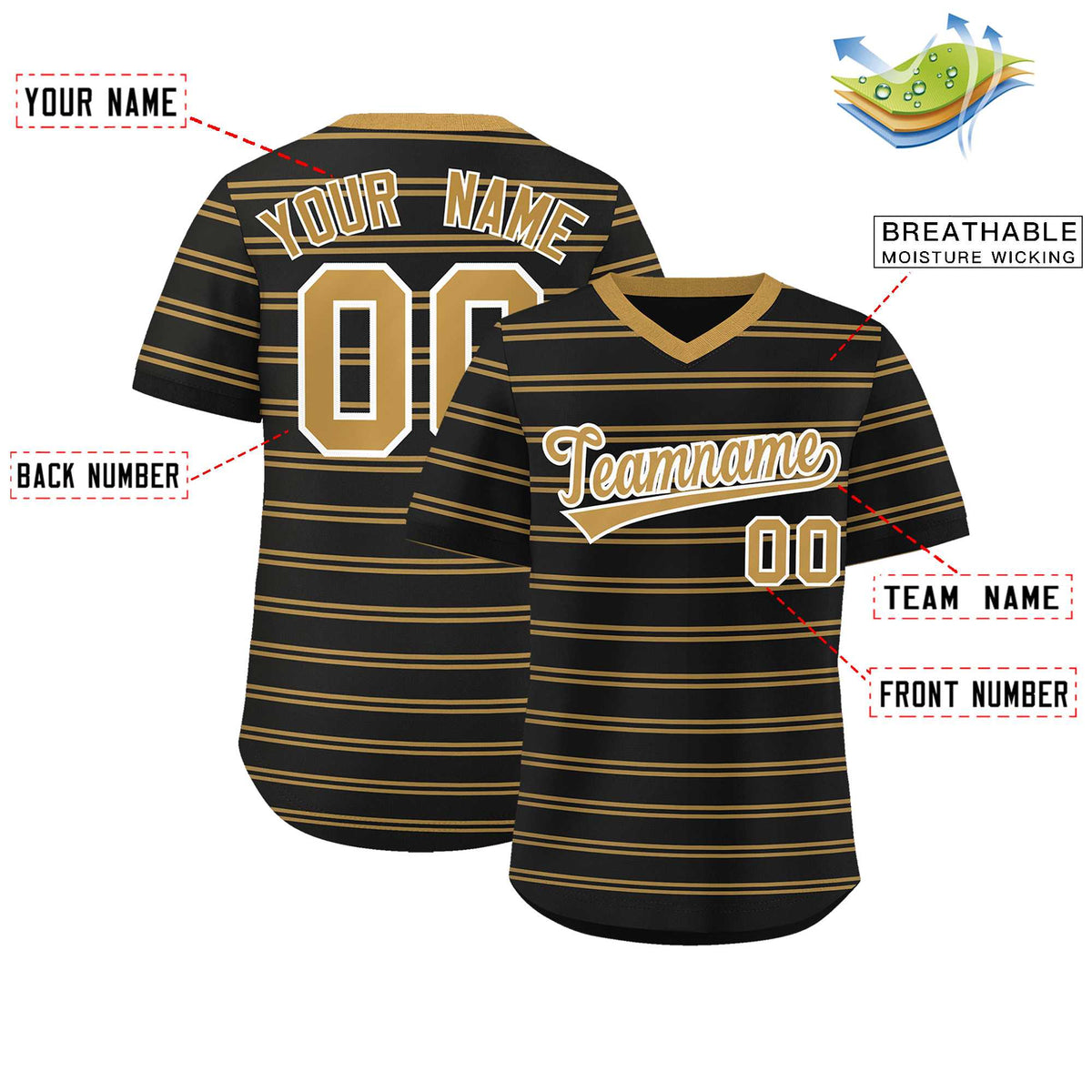 Custom Black Old Gold Personalized Horizontal Stripe Authentic Pullover Baseball Jersey | KXKSHOP