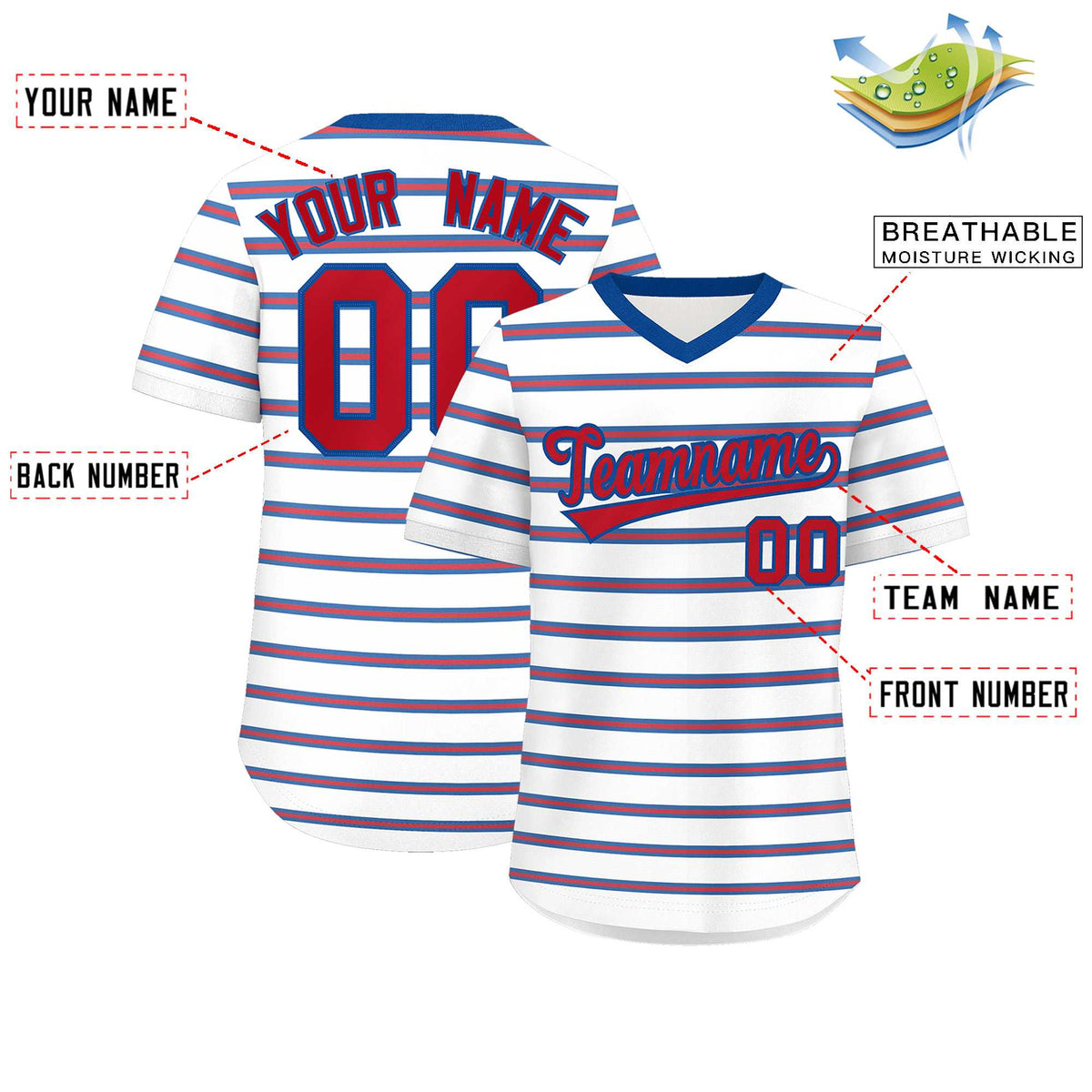 Custom White Royal-Red Personalized Horizontal Stripe Authentic Pullover Baseball Jersey | KXKSHOP