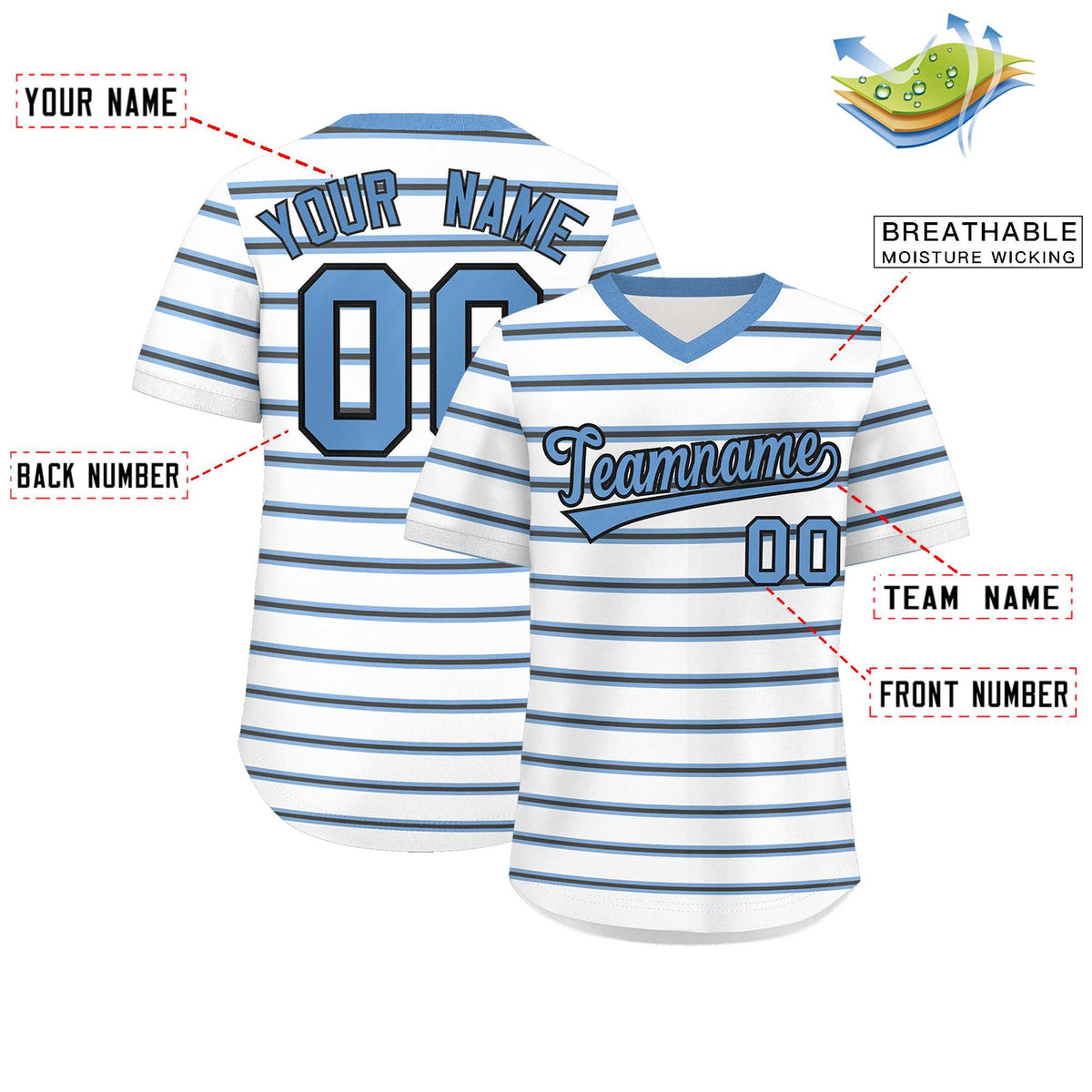 Custom White Light Blue-Black Personalized Horizontal Stripe Authentic Pullover Baseball Jersey | KXKSHOP