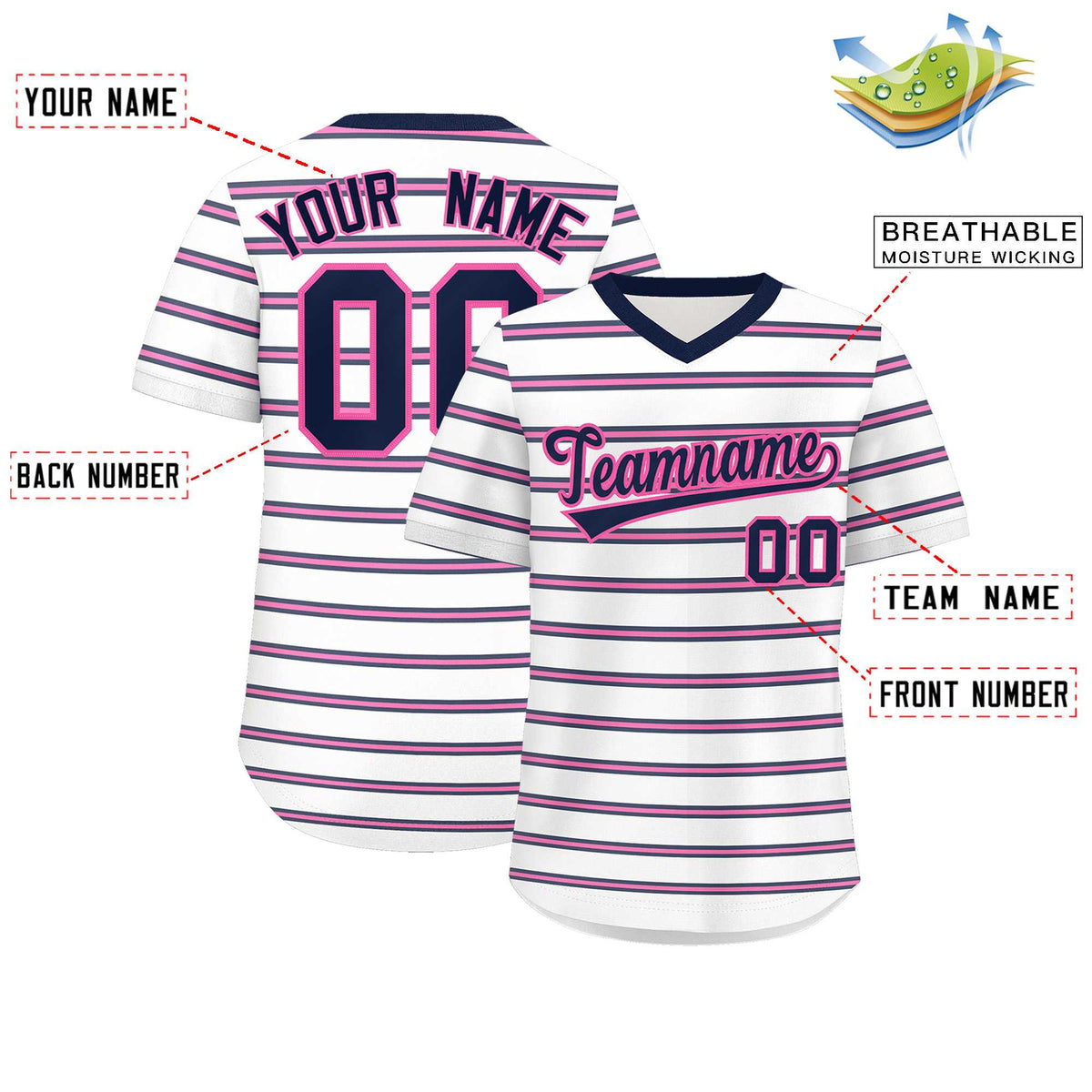Custom White Navy-Pink Personalized Horizontal Stripe Authentic Pullover Baseball Jersey | KXKSHOP