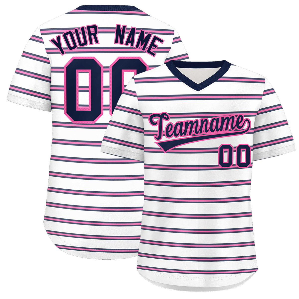 Custom White Navy-Pink Personalized Horizontal Stripe Authentic Pullover Baseball Jersey | KXKSHOP