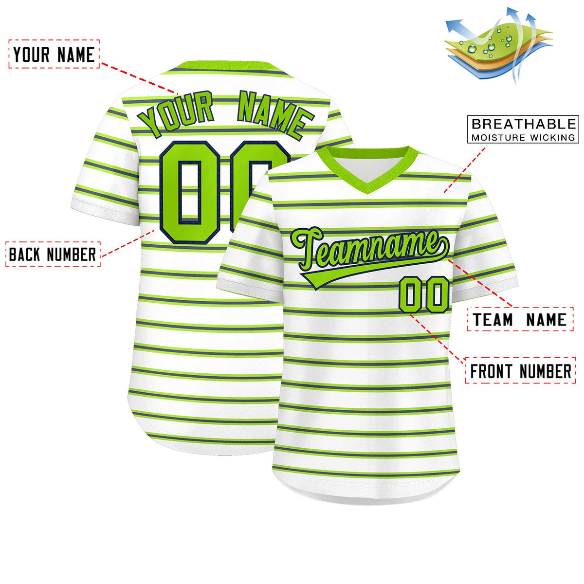 Custom White Neon Green-Navy Personalized Horizontal Stripe Authentic Pullover Baseball Jersey | KXKSHOP