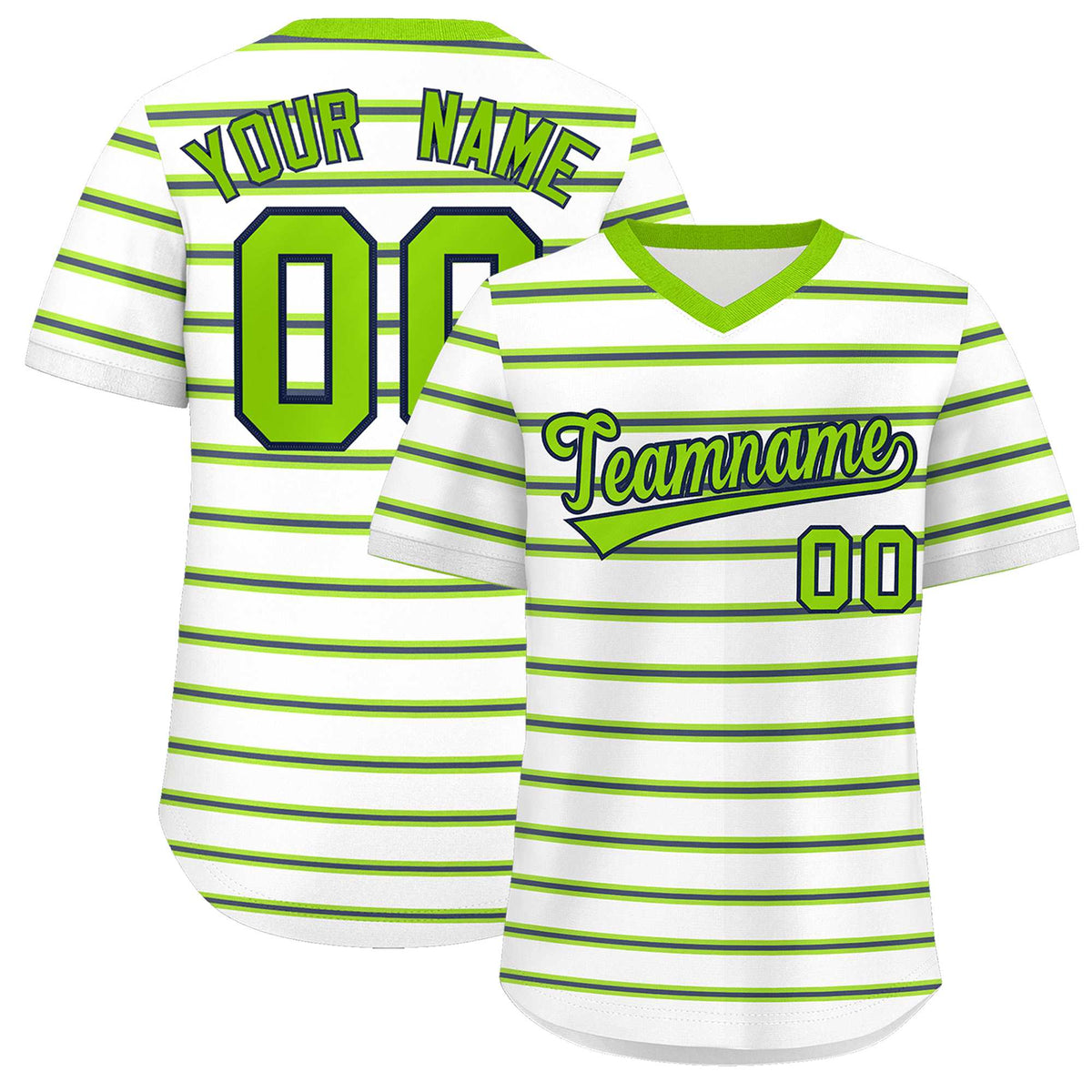 Custom White Neon Green-Navy Personalized Horizontal Stripe Authentic Pullover Baseball Jersey | KXKSHOP