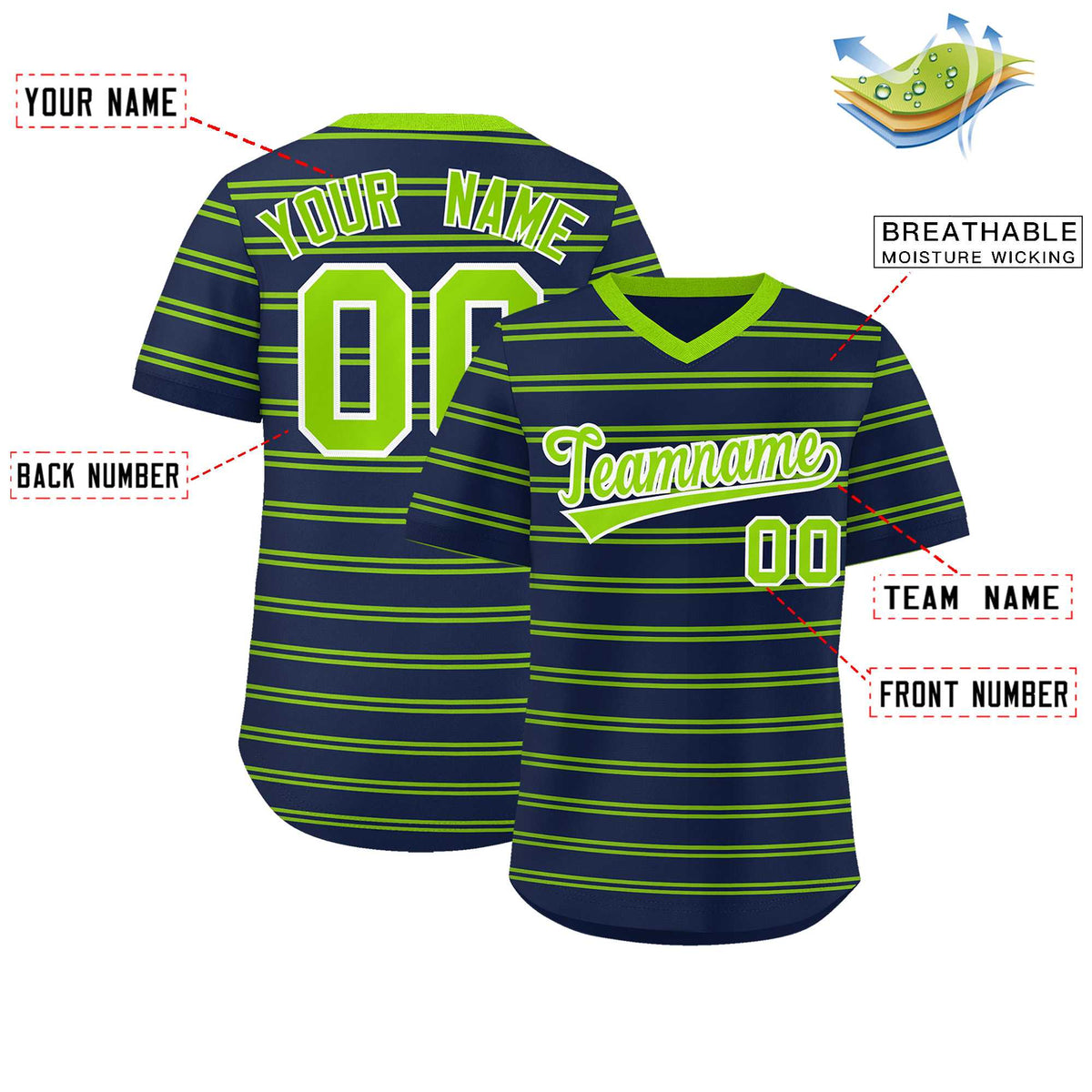 Custom Navy Neon Green Personalized Horizontal Stripe Authentic Pullover Baseball Jersey | KXKSHOP