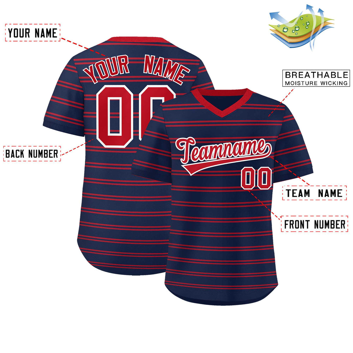 Custom Navy Red Personalized Horizontal Stripe Authentic Pullover Baseball Jersey | KXKSHOP
