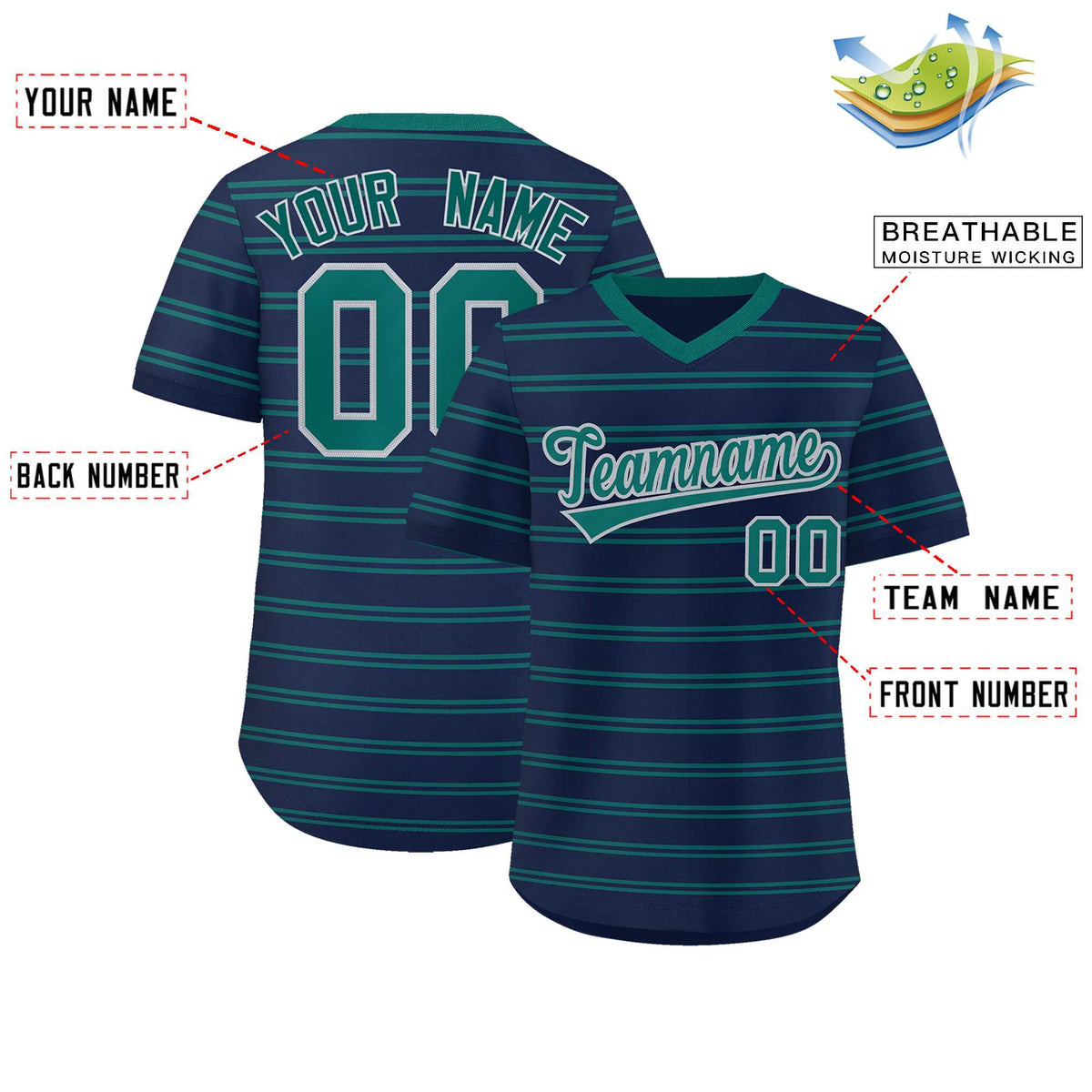 Custom Navy Aqua Personalized Horizontal Stripe Authentic Pullover Baseball Jersey | KXKSHOP