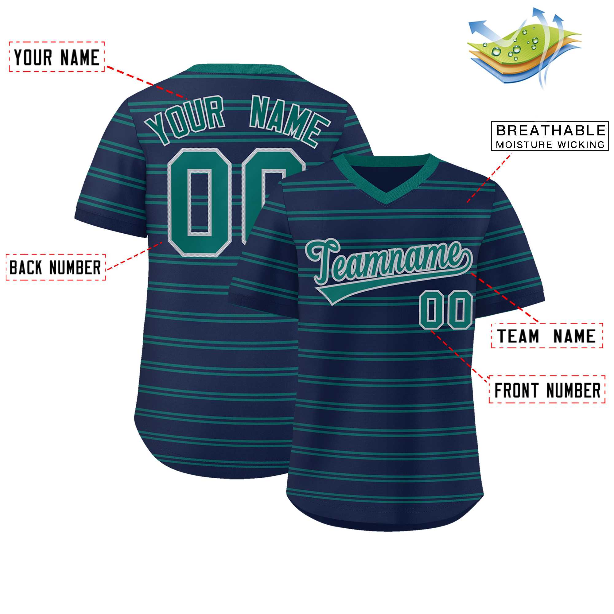 Custom Navy Aqua Personalized Horizontal Stripe Authentic Pullover Baseball Jersey | KXKSHOP