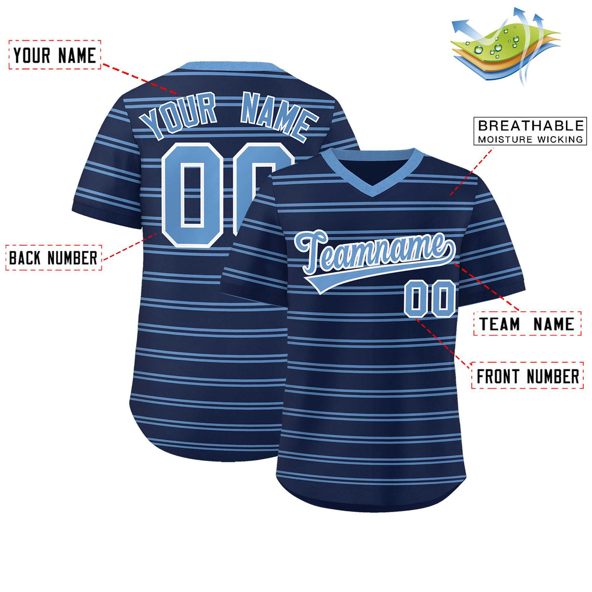 Custom Navy Light Blue Personalized Horizontal Stripe Authentic Pullover Baseball Jersey | KXKSHOP