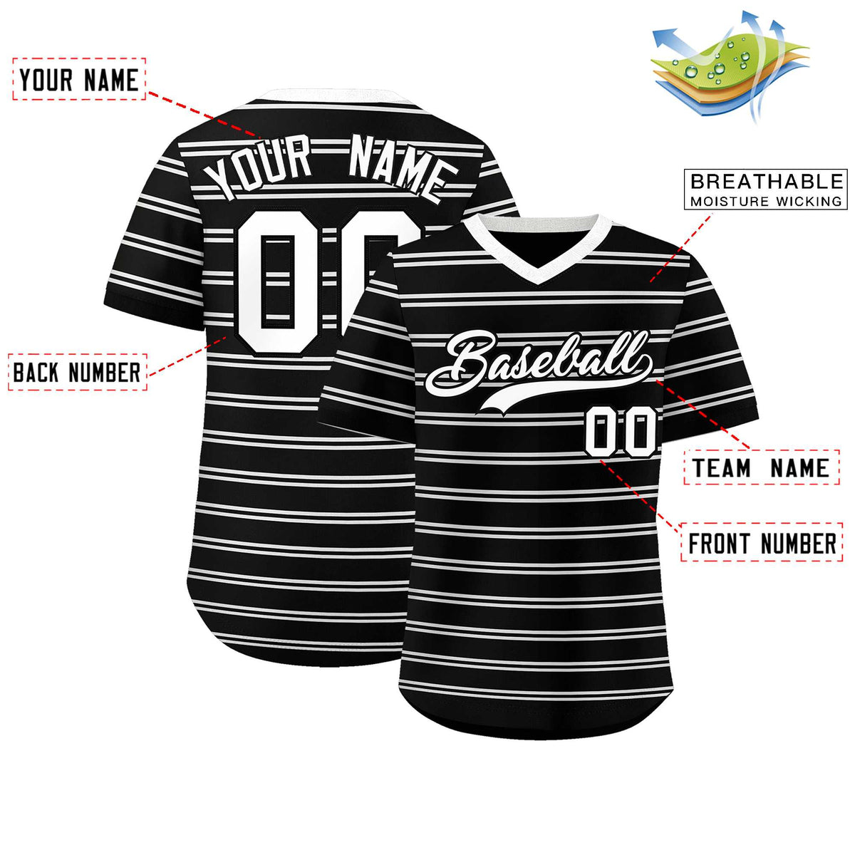 Custom Black White Personalized Horizontal Stripe Authentic Pullover Baseball Jersey | KXKSHOP