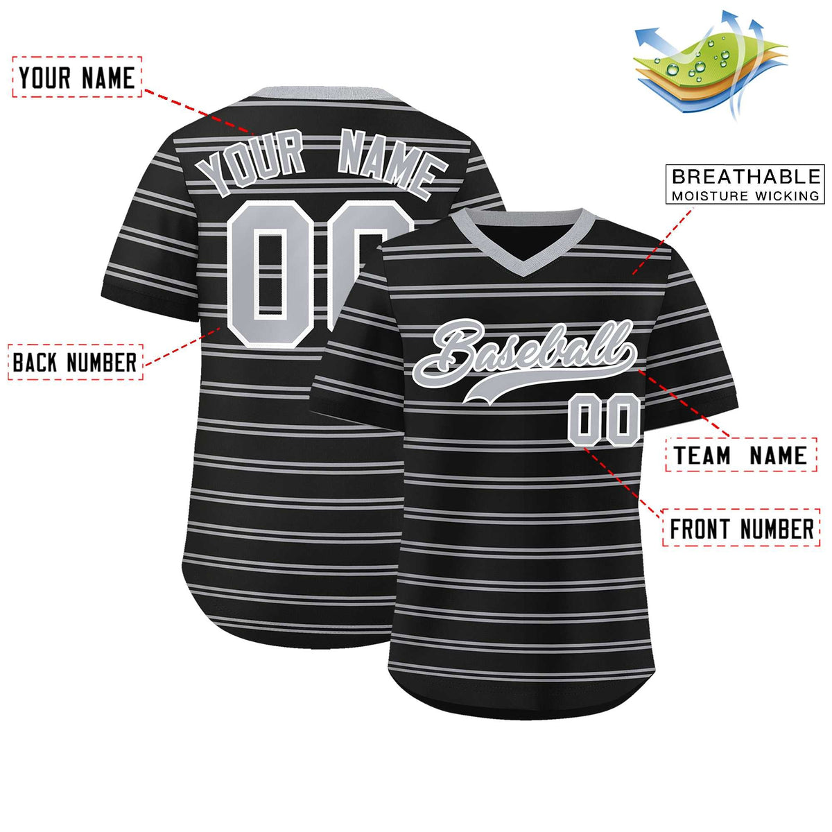 Custom Black Gray Personalized Horizontal Stripe Authentic Pullover Baseball Jersey | KXKSHOP