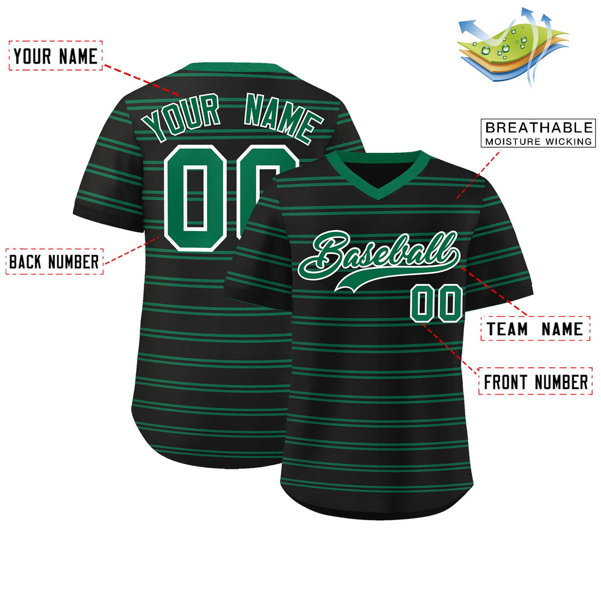 Custom Black Kelly Green Personalized Horizontal Stripe Authentic Pullover Baseball Jersey | KXKSHOP
