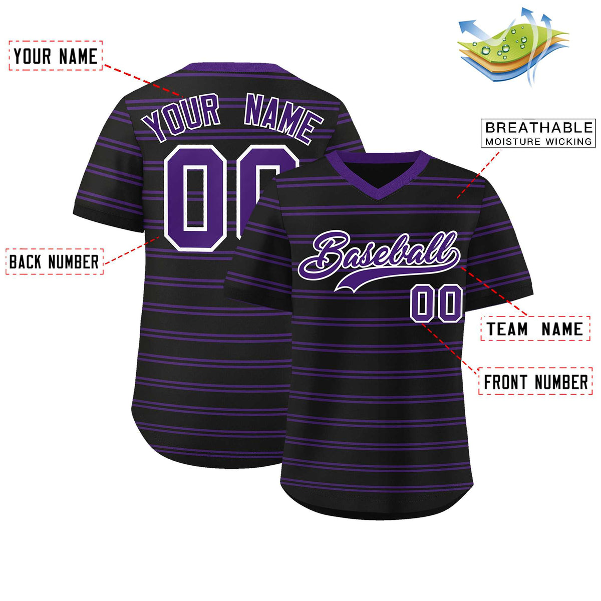 Custom Black Purple Personalized Horizontal Stripe Authentic Pullover Baseball Jersey | KXKSHOP