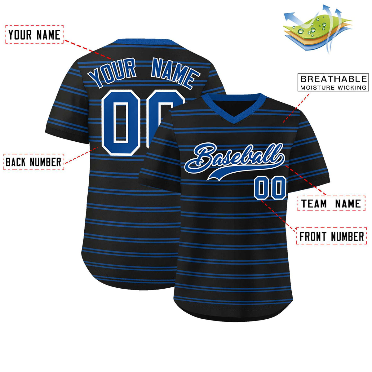 Custom Black Royal Personalized Horizontal Stripe Authentic Pullover Baseball Jersey | KXKSHOP