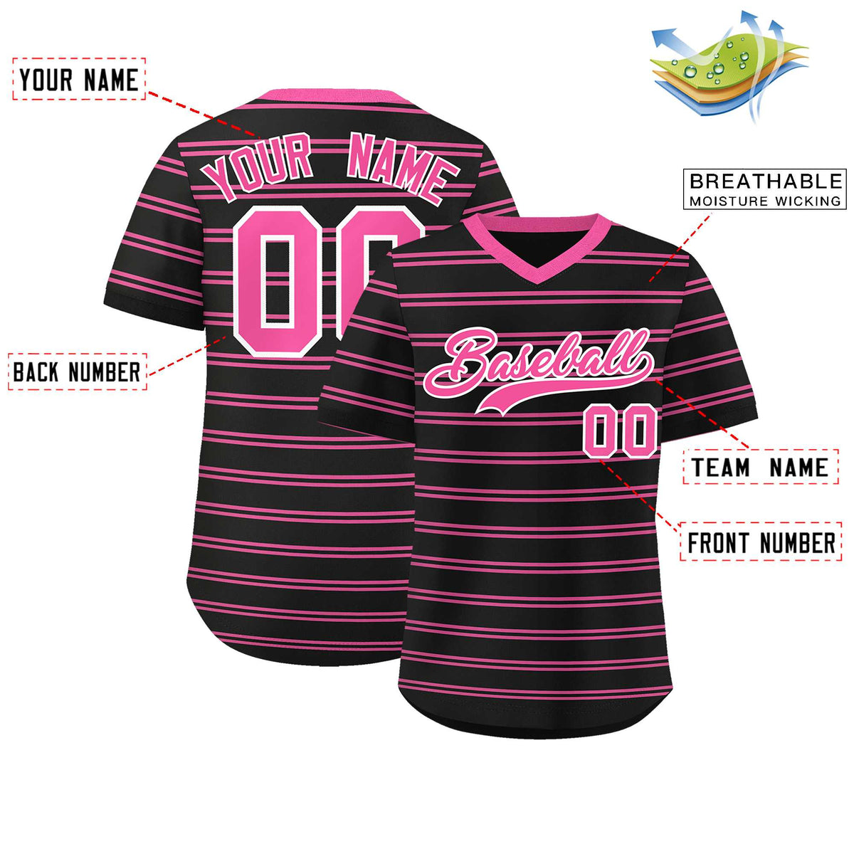 Custom Black Pink Personalized Horizontal Stripe Authentic Pullover Baseball Jersey | KXKSHOP