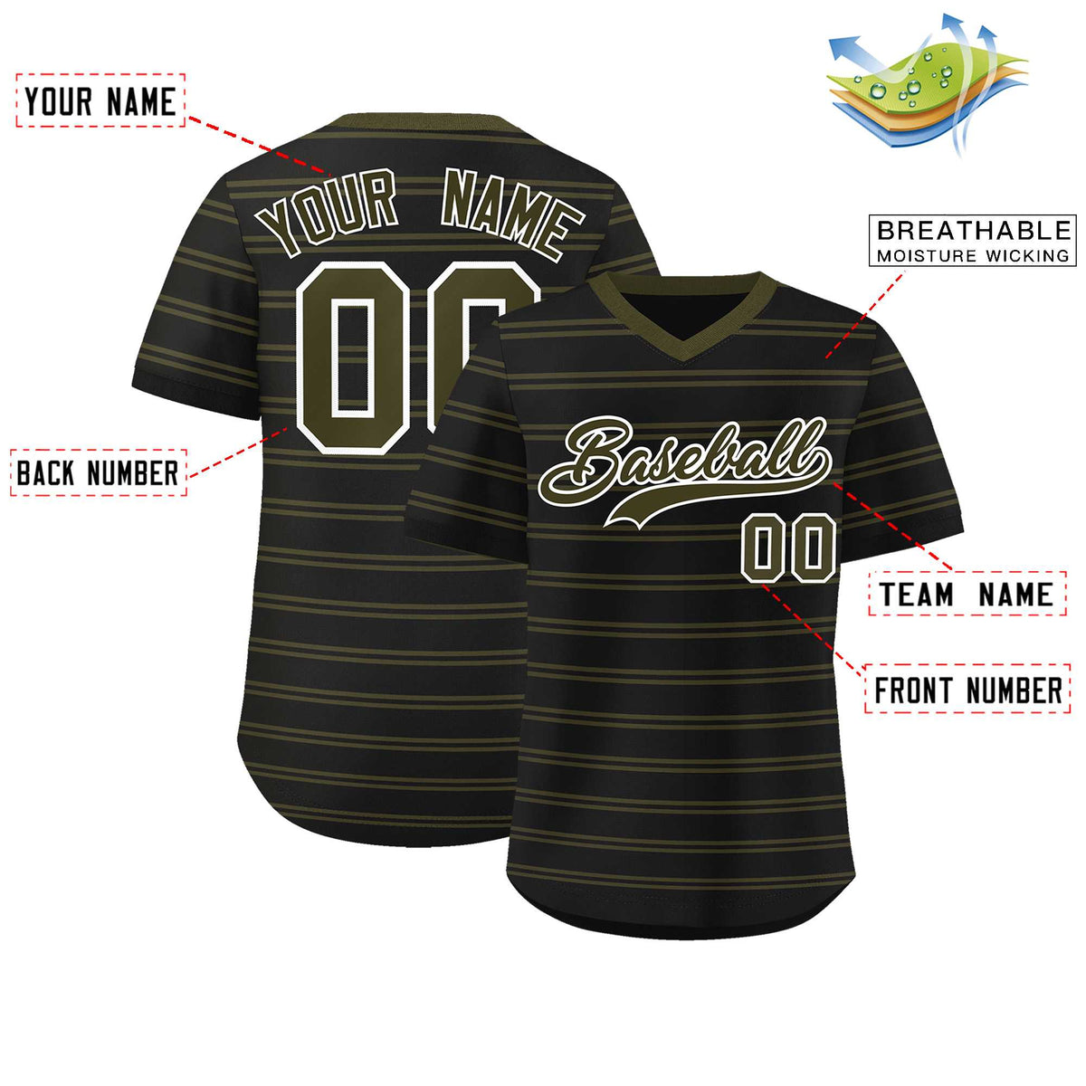 Custom Black Olive Personalized Horizontal Stripe Authentic Pullover Baseball Jersey | KXKSHOP