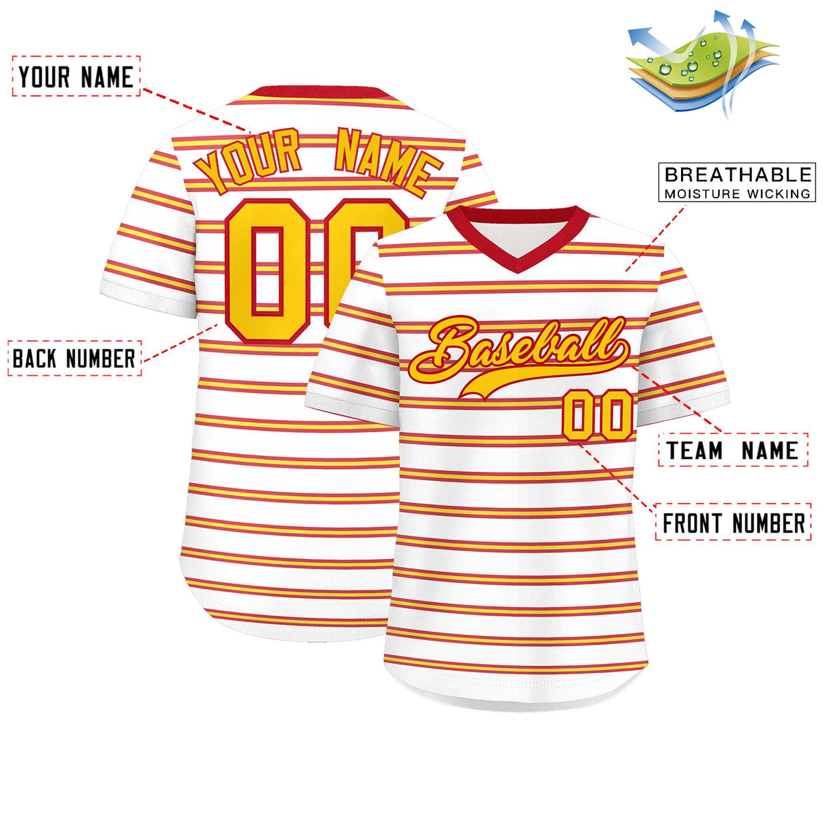 Custom White Red-Gold Personalized Horizontal Stripe Authentic Pullover Baseball Jersey | KXKSHOP