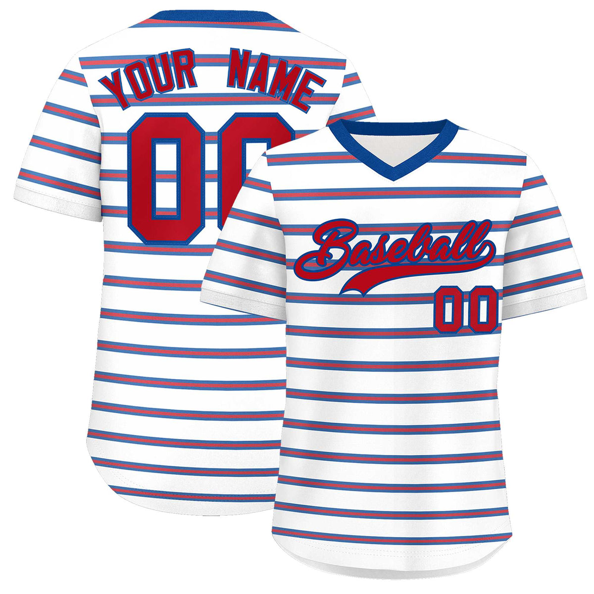 Custom White Royal-Red Personalized Horizontal Stripe Authentic Pullover Baseball Jersey | KXKSHOP