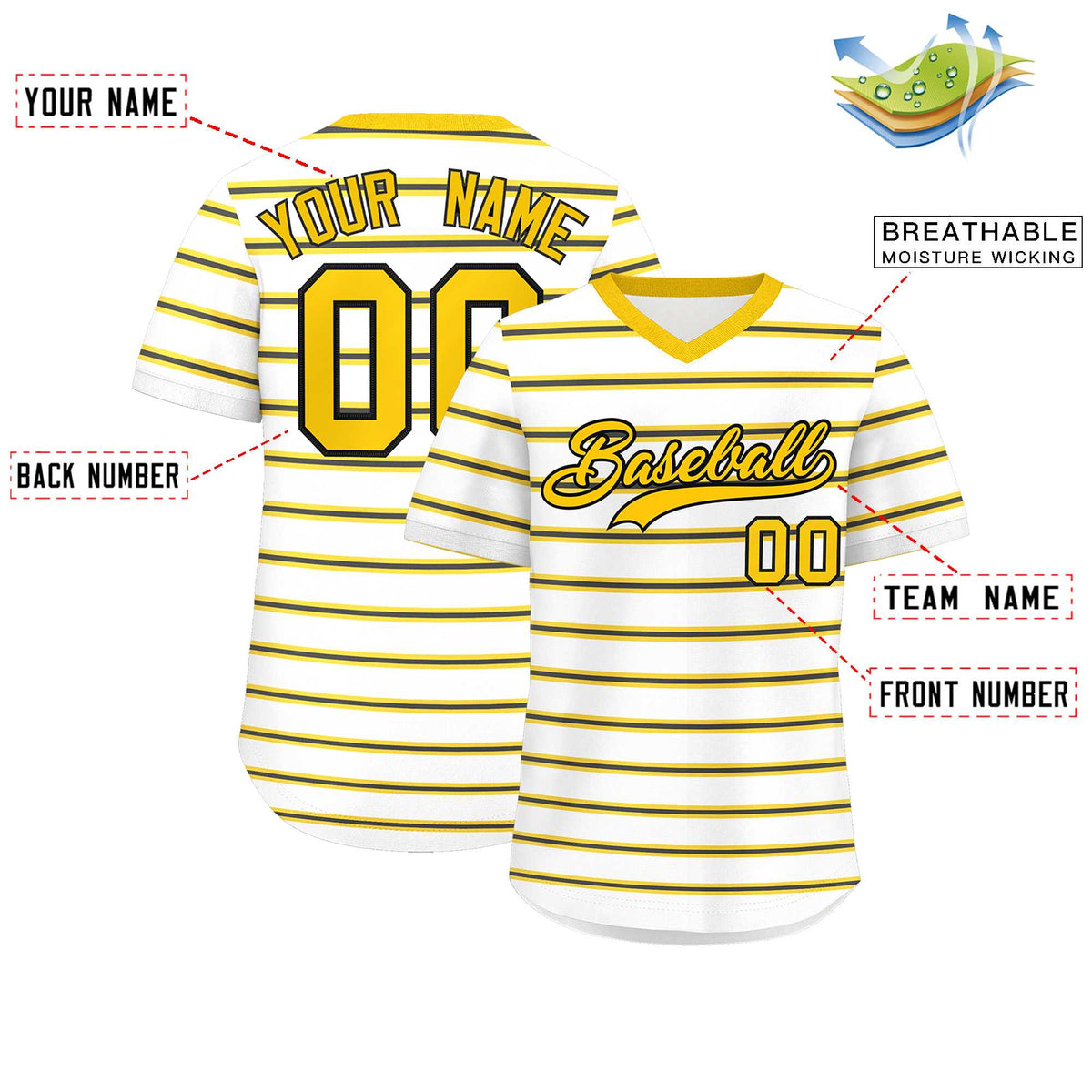 Custom White Gold-Black Personalized Horizontal Stripe Authentic Pullover Baseball Jersey | KXKSHOP