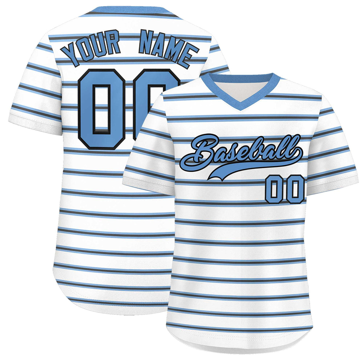 Custom White Light Blue-Black Personalized Horizontal Stripe Authentic Pullover Baseball Jersey | KXKSHOP