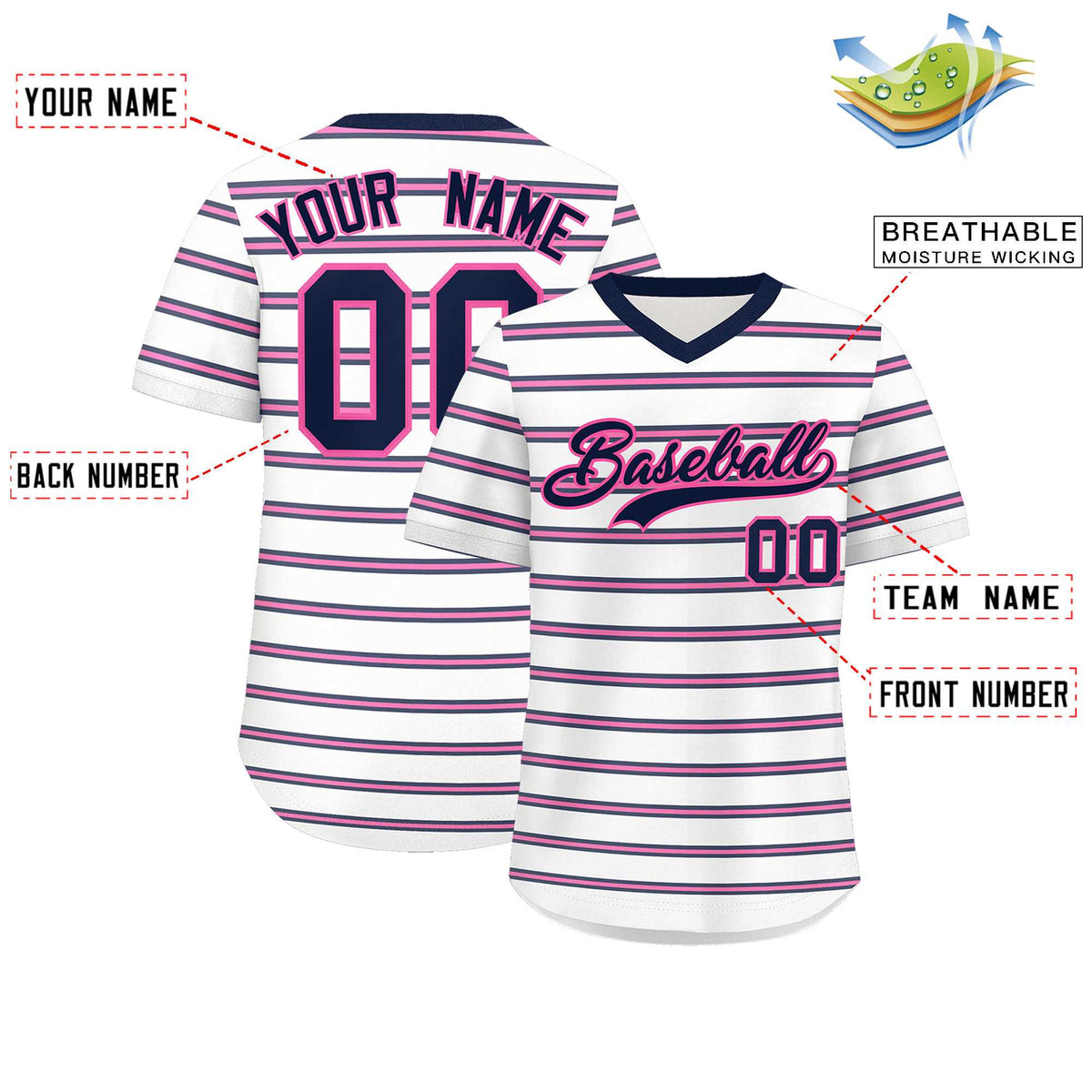 Custom White Navy-Pink Personalized Horizontal Stripe Authentic Pullover Baseball Jersey | KXKSHOP