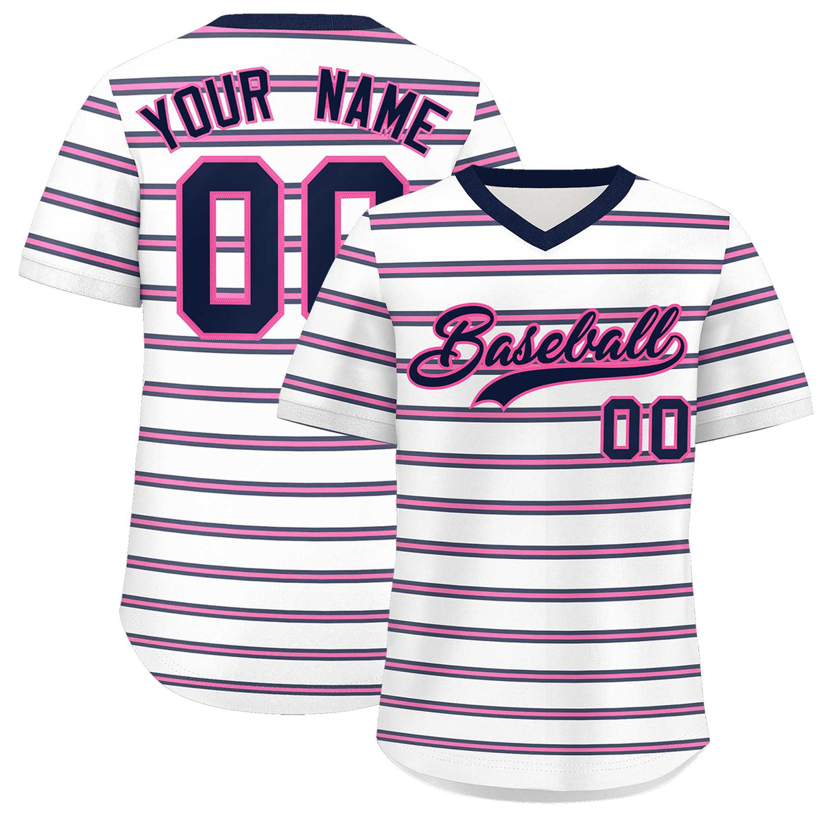 Custom White Navy-Pink Personalized Horizontal Stripe Authentic Pullover Baseball Jersey | KXKSHOP