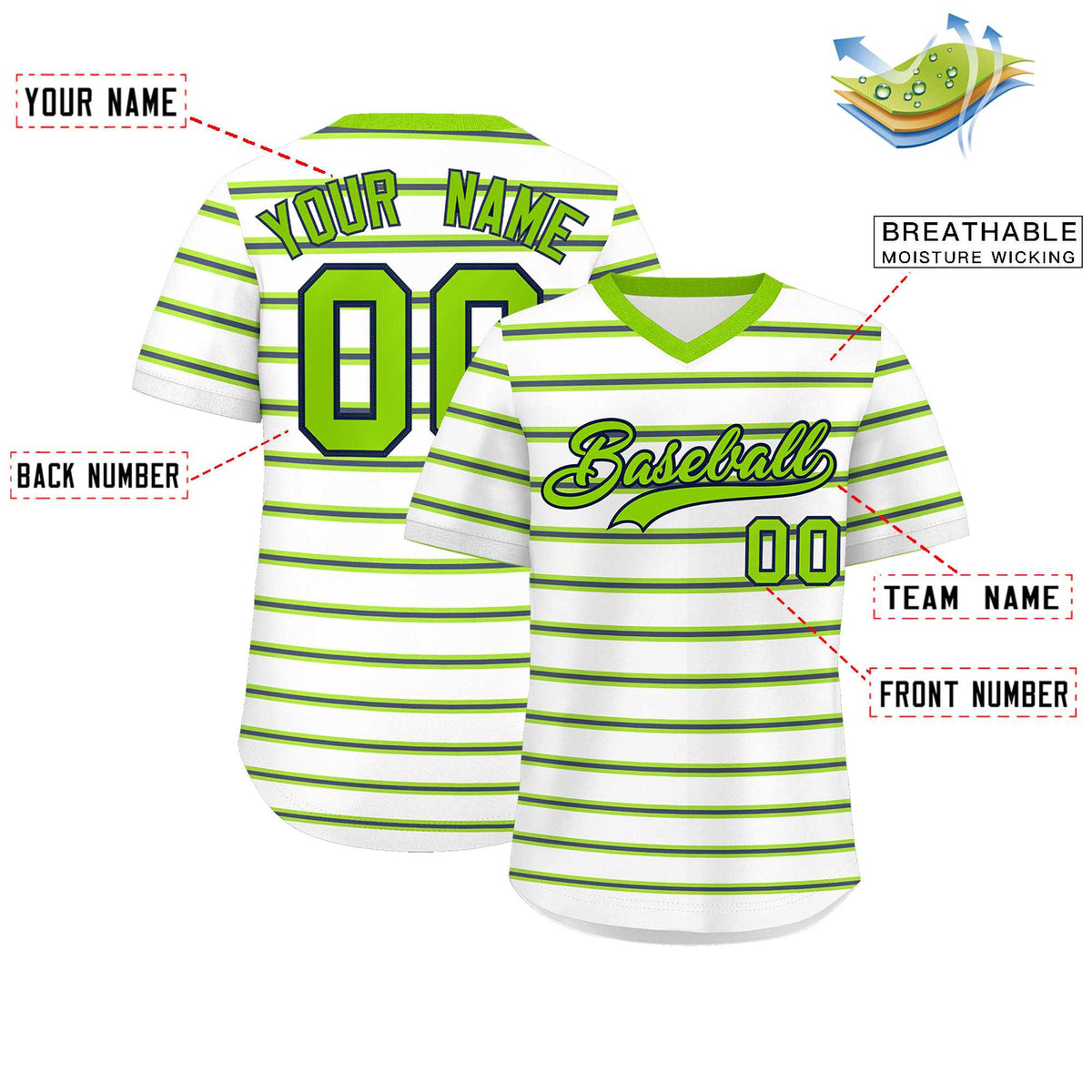 Custom White Neon Green-Navy Personalized Horizontal Stripe Authentic Pullover Baseball Jersey | KXKSHOP