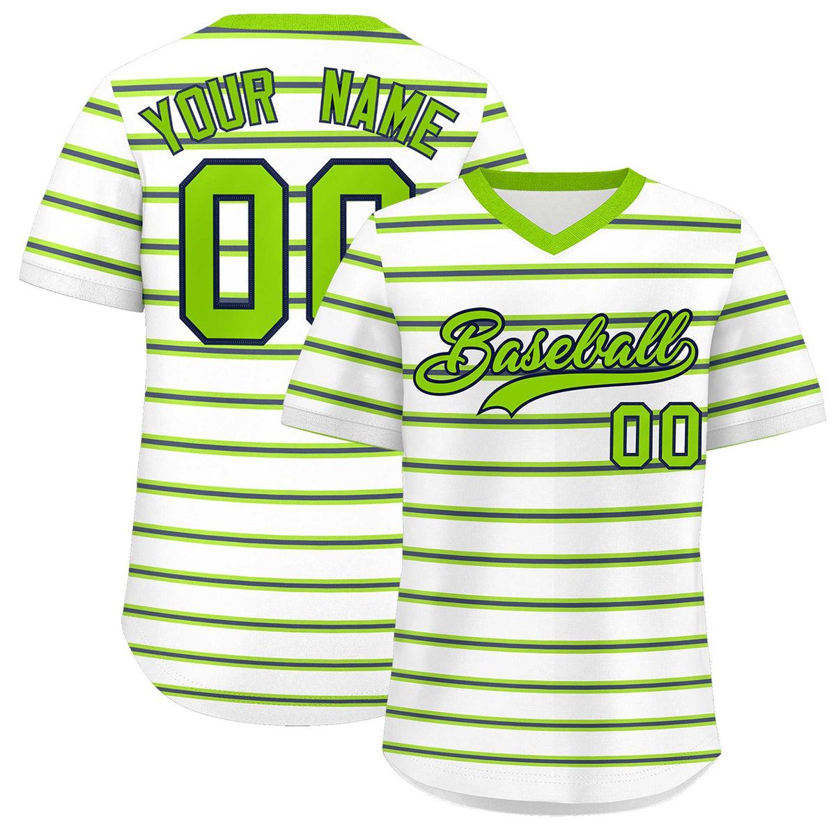 Custom White Neon Green-Navy Personalized Horizontal Stripe Authentic Pullover Baseball Jersey | KXKSHOP