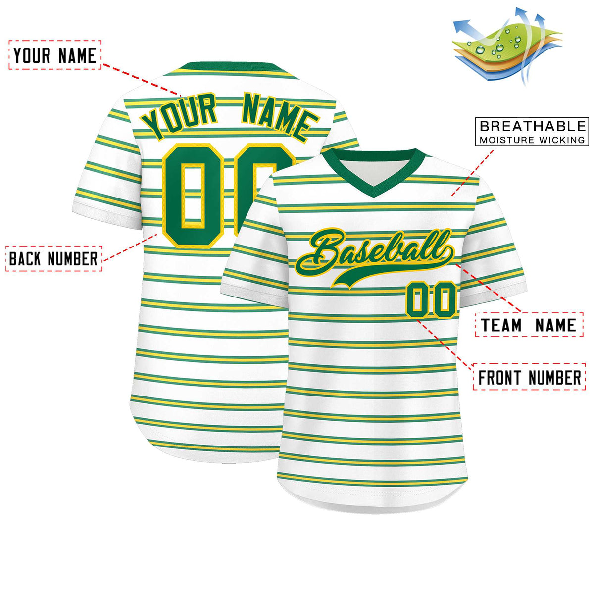 Custom White Kelly Green-Gold Personalized Horizontal Stripe Authentic Pullover Baseball Jersey | KXKSHOP