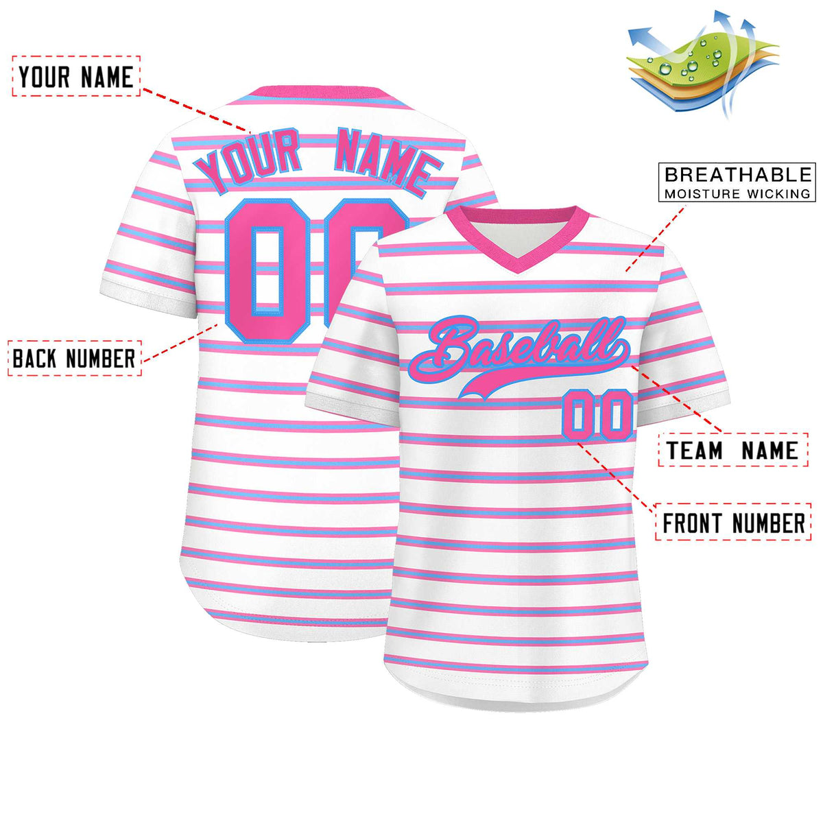 Custom White Pink-Powder Blue Personalized Horizontal Stripe Authentic Pullover Baseball Jersey | KXKSHOP