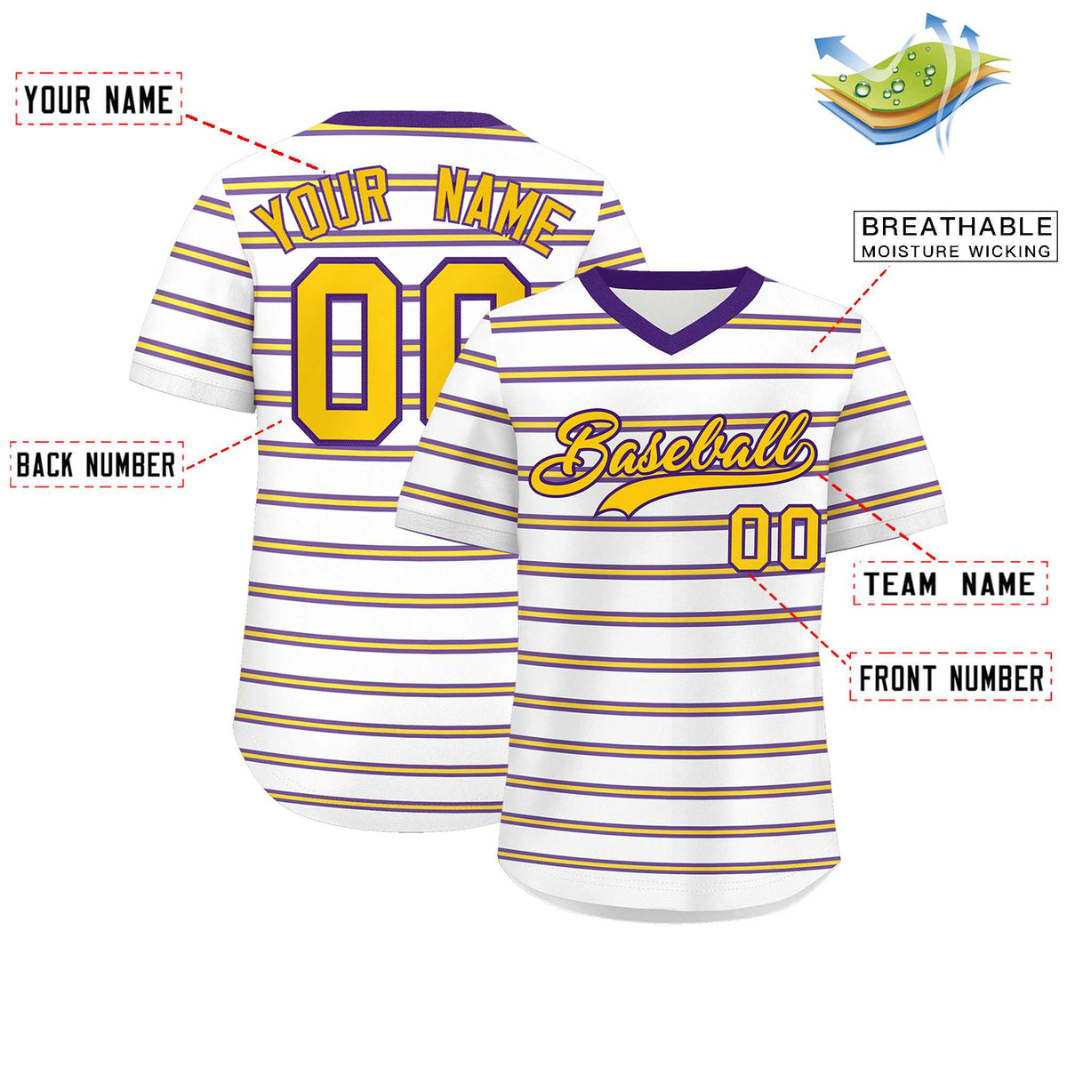 Custom White Purple-Yellow Personalized Horizontal Stripe Authentic Pullover Baseball Jersey | KXKSHOP