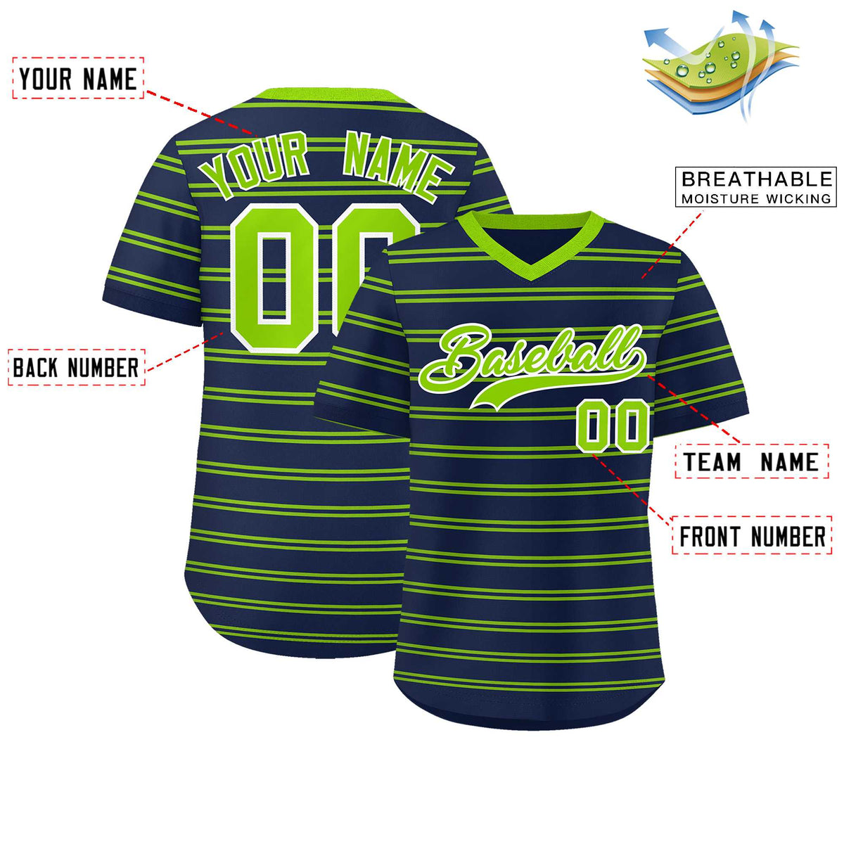 Custom Navy Neon Green Personalized Horizontal Stripe Authentic Pullover Baseball Jersey | KXKSHOP
