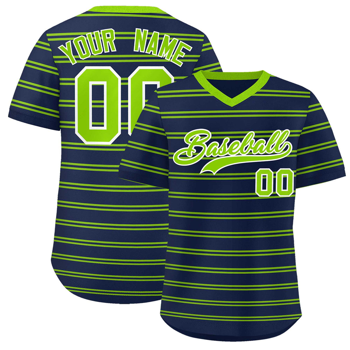 Custom Navy Neon Green Personalized Horizontal Stripe Authentic Pullover Baseball Jersey | KXKSHOP
