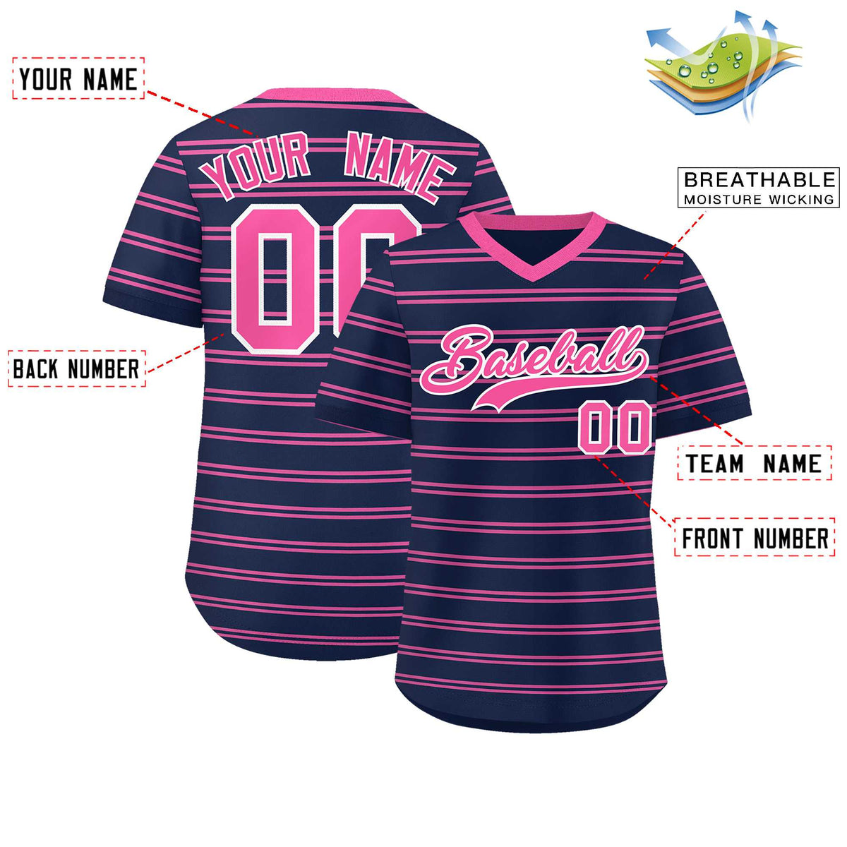 Custom Navy Pink Personalized Horizontal Stripe Authentic Pullover Baseball Jersey | KXKSHOP