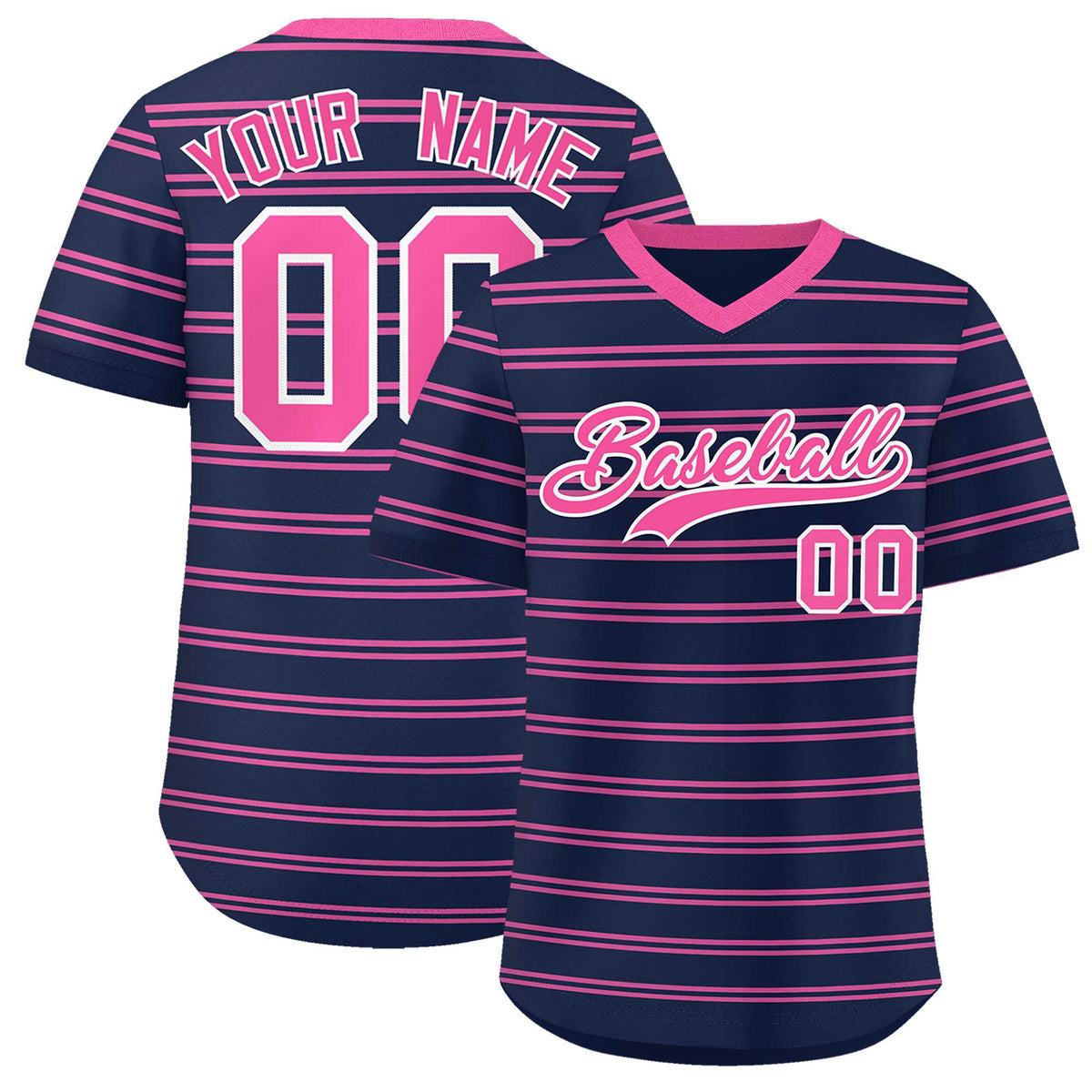 Custom Navy Pink Personalized Horizontal Stripe Authentic Pullover Baseball Jersey | KXKSHOP