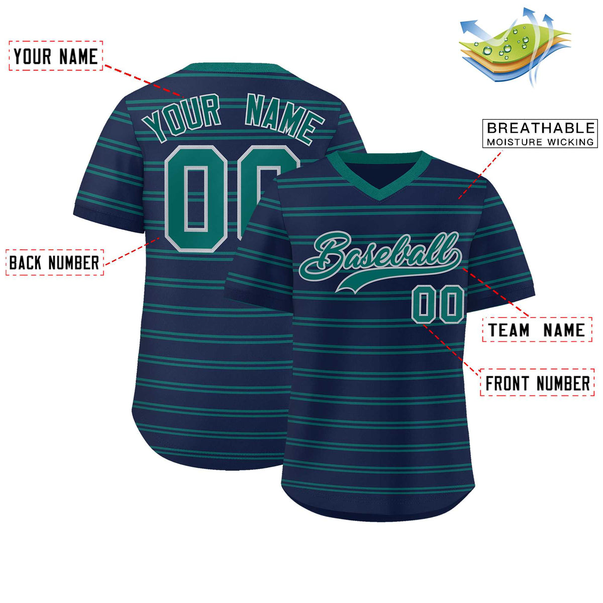 Custom Navy Aqua Personalized Horizontal Stripe Authentic Pullover Baseball Jersey | KXKSHOP
