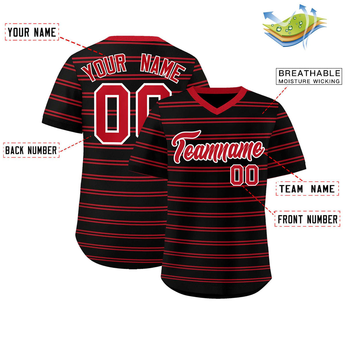 Custom Black Red Personalized Horizontal Stripe Authentic Pullover Baseball Jersey | KXKSHOP