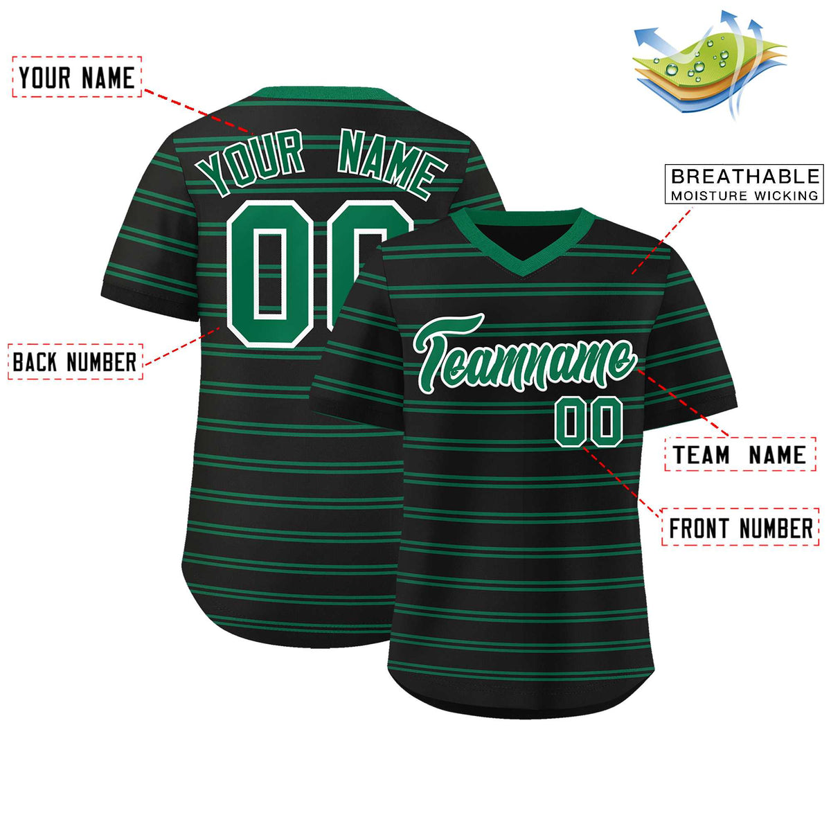 Custom Black Kelly Green Personalized Horizontal Stripe Authentic Pullover Baseball Jersey | KXKSHOP