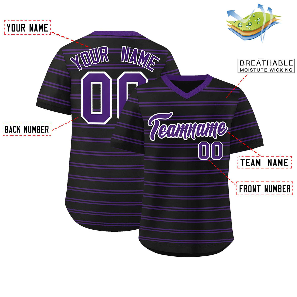 Custom Black Purple Personalized Horizontal Stripe Authentic Pullover Baseball Jersey | KXKSHOP